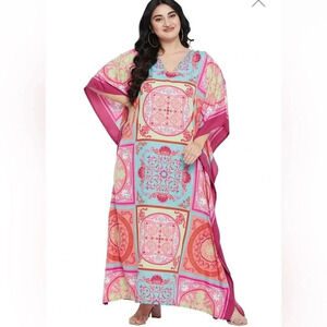 GYPSIE BLU | Tribal Pink Abstract Print Plus Size Kimono Kaftan Dress One Size